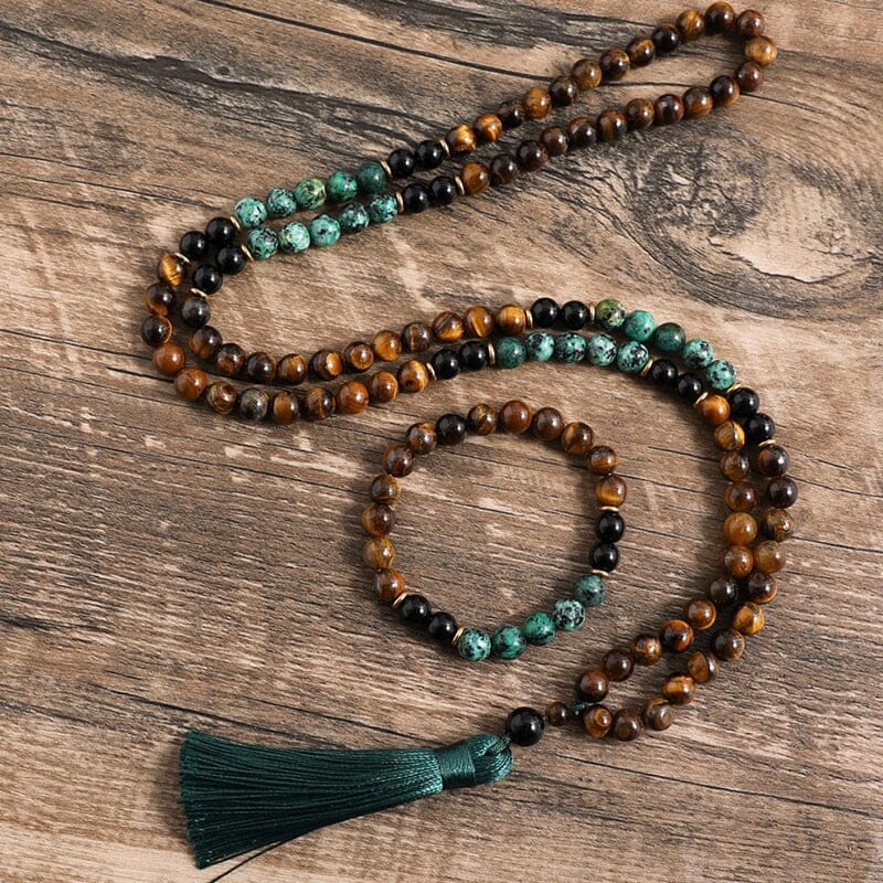 Tiger Eye and African Black Onyx Japamala Bracelet and Necklace SetJewelry Set