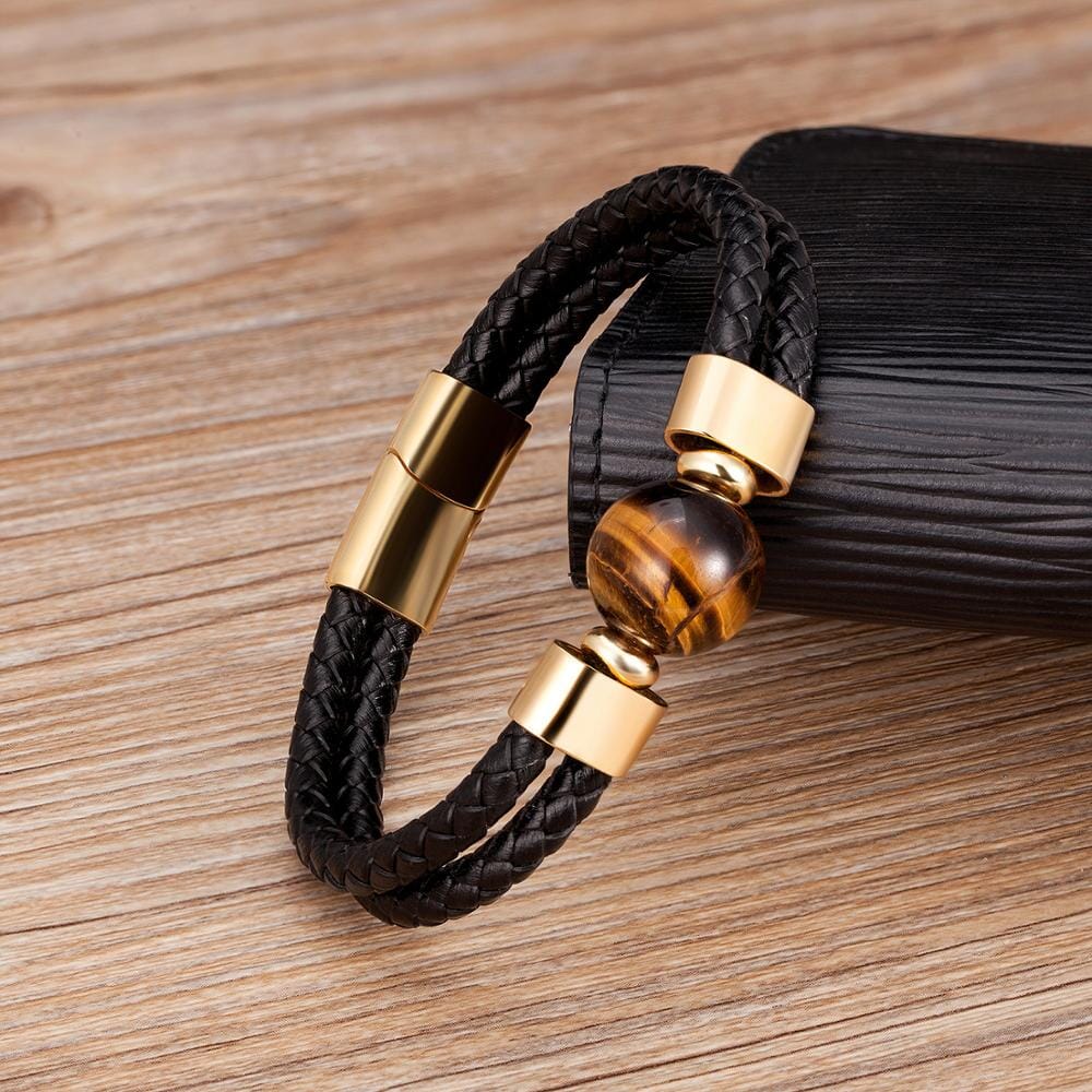 Classic Double Genuine Natural Round Tiger Eye Stone Leather BraceletBracelet