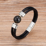 Classic Double Genuine Natural Round Tiger Eye Stone Leather BraceletBraceletBlueTiger Eye-Silver19cm