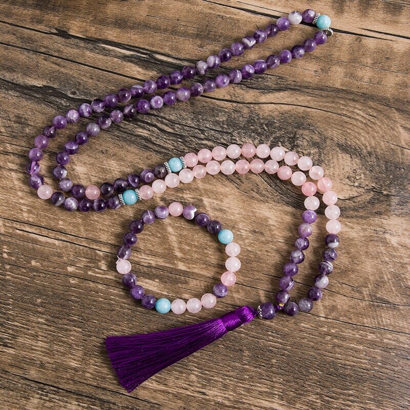 8MM Natural Amethyst Rose Quartz Mala Tassel Pendant Necklace and BraceletJewelry Set