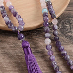 8MM Natural Amethyst Rose Quartz Mala Tassel Pendant Necklace and BraceletJewelry Set