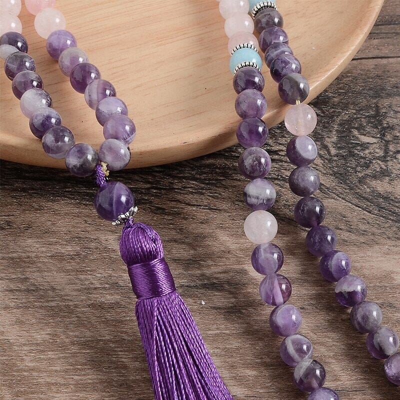 8MM Natural Amethyst Rose Quartz Mala Tassel Pendant Necklace and BraceletJewelry Set