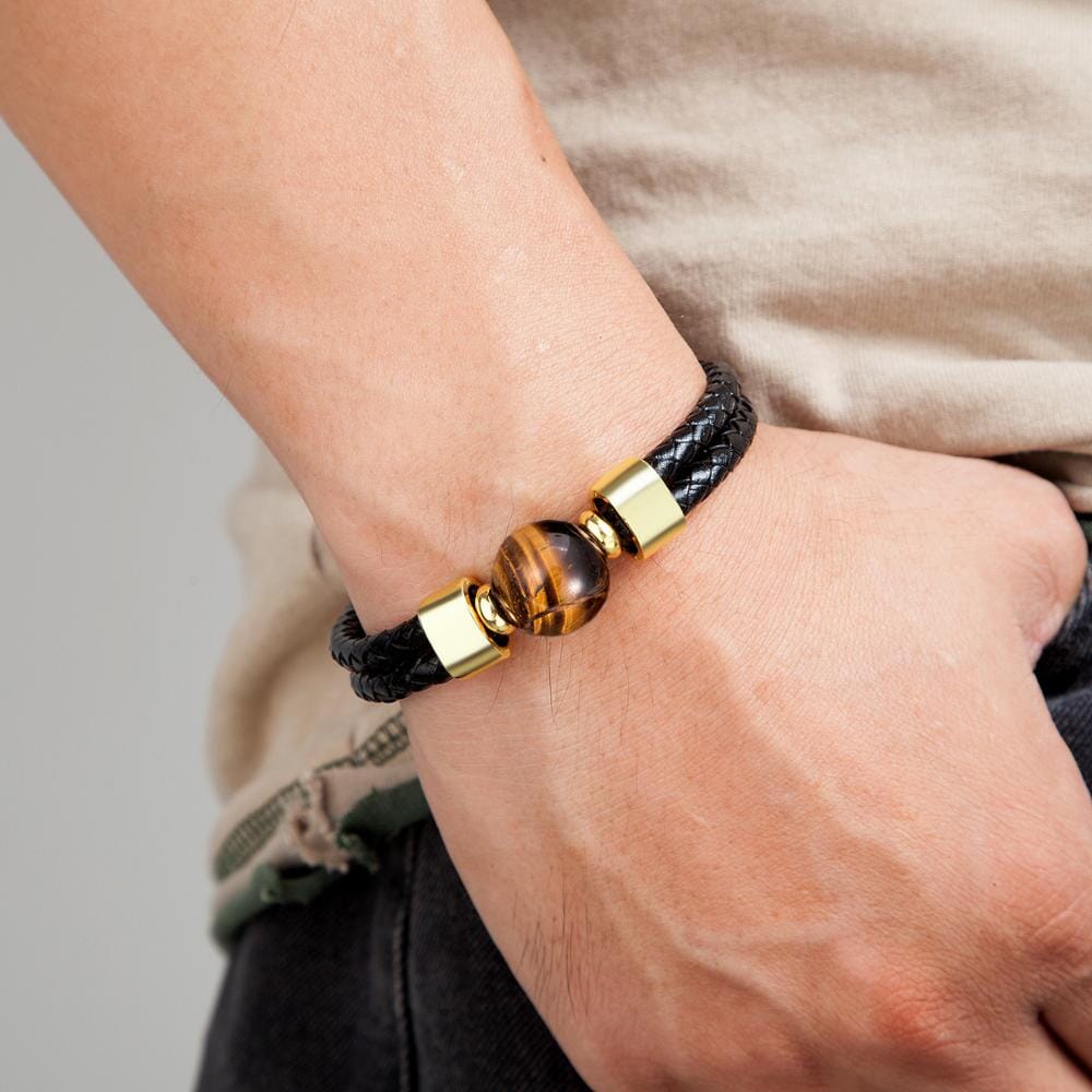 Classic Double Genuine Natural Round Tiger Eye Stone Leather BraceletBracelet