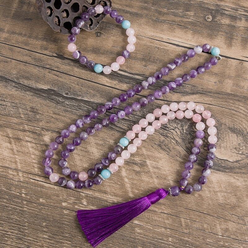 8MM Natural Amethyst Rose Quartz Mala Tassel Pendant Necklace and BraceletJewelry Set