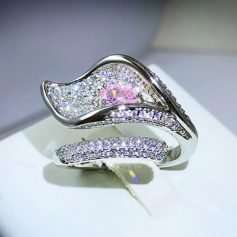 Fashion Micro-encrusted Pink Sapphire Diamond Leaf RingRing