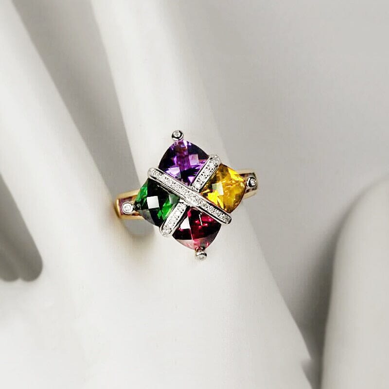 18K Gold Colorful Amethyst Topaz Emerald Ruby RingRings