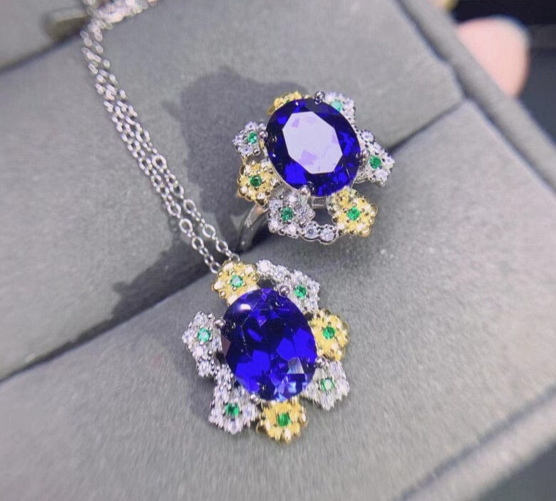 6ct 8mm*10mm Royal Blue Sapphire Ring and Necklace Jewelry SetJewelry Sets