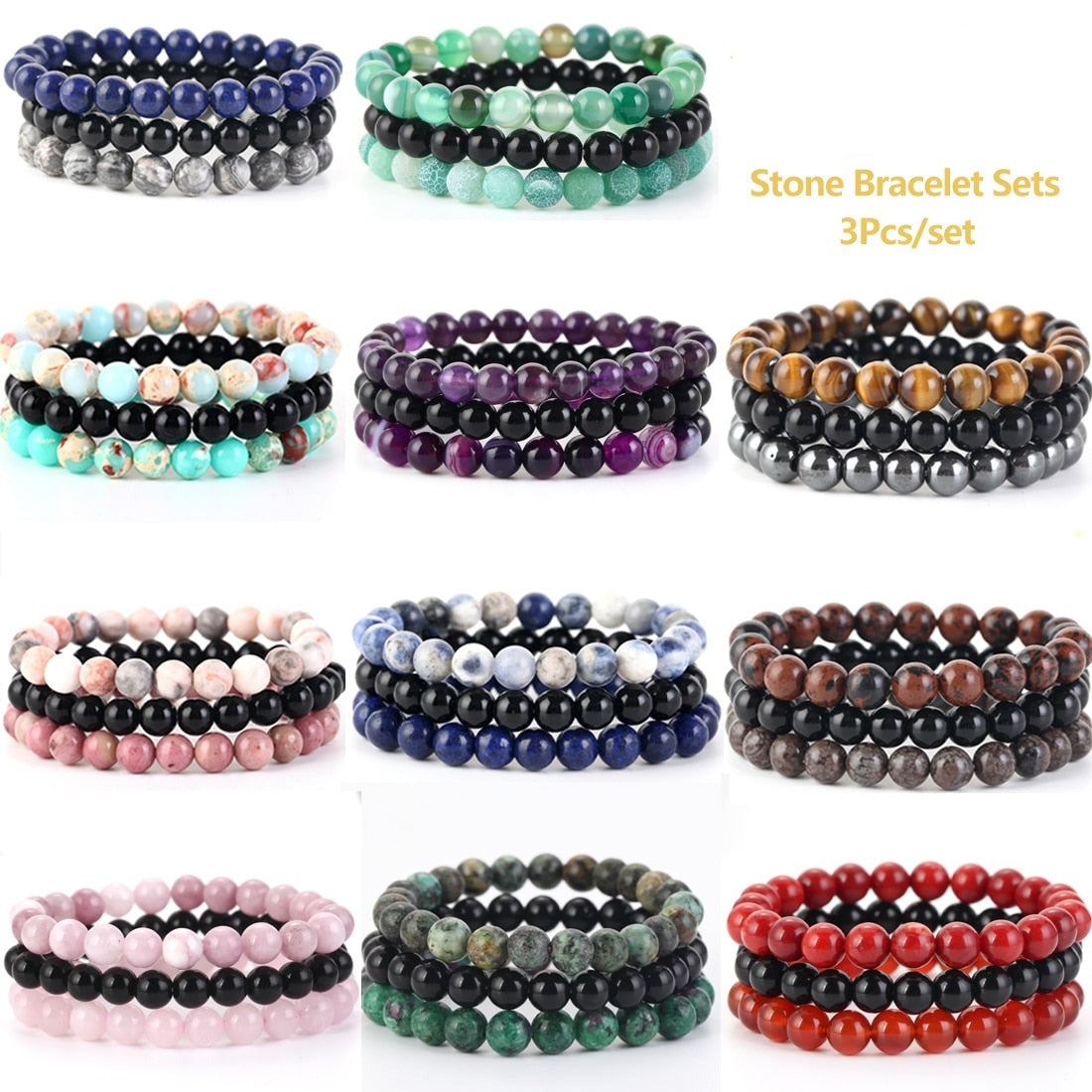 8mm 3Pcs/Set Natural Seven Chakra Stone Beads Bracelet