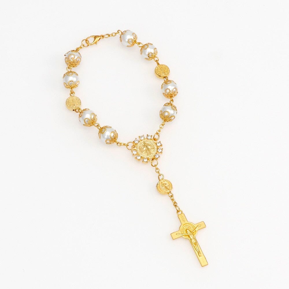 WWJD Rosary Catholic Religious Bead Cross BraceletBraceletLight Yellow Gold Color