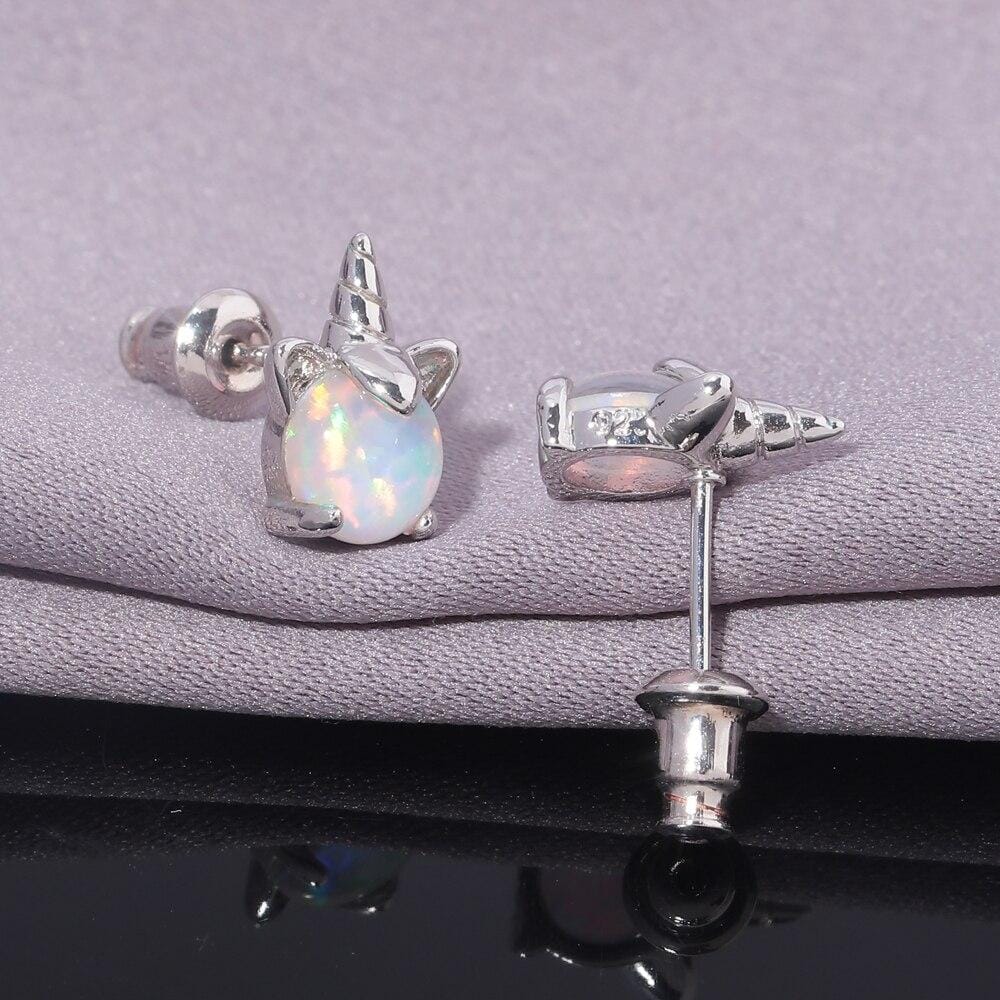 White Fire Opal Unicorn Stud EarringsEarrings