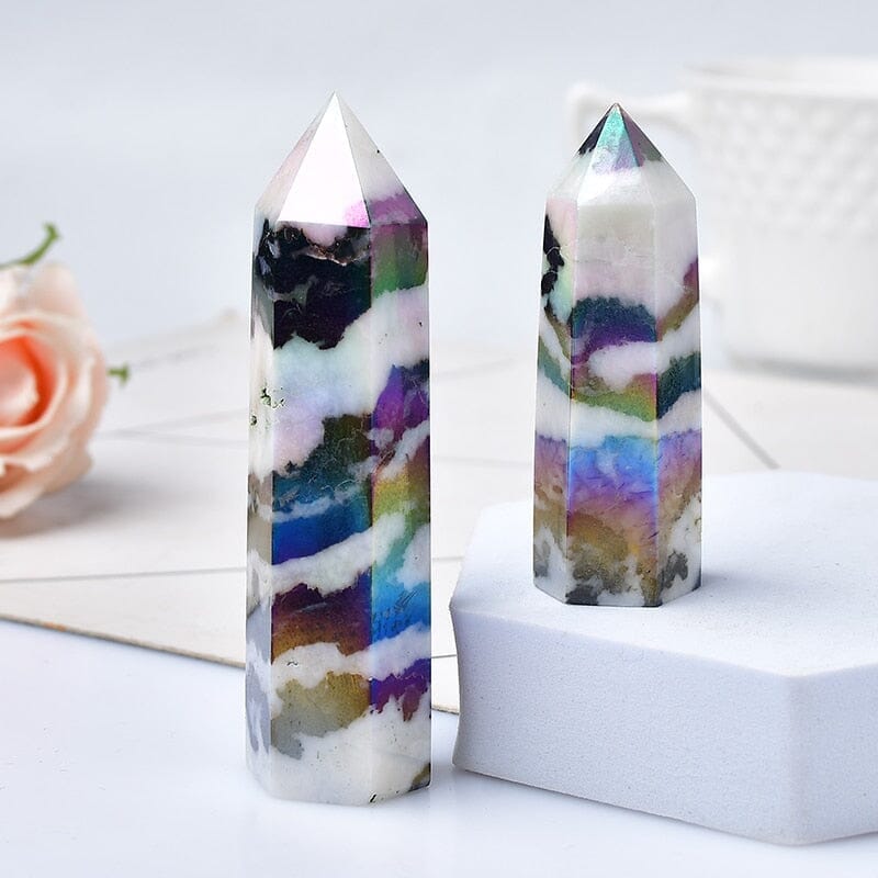 Natural Aura Stone Crystal Point Healing Obelisk Black and White Zebra Quartz WandWand
