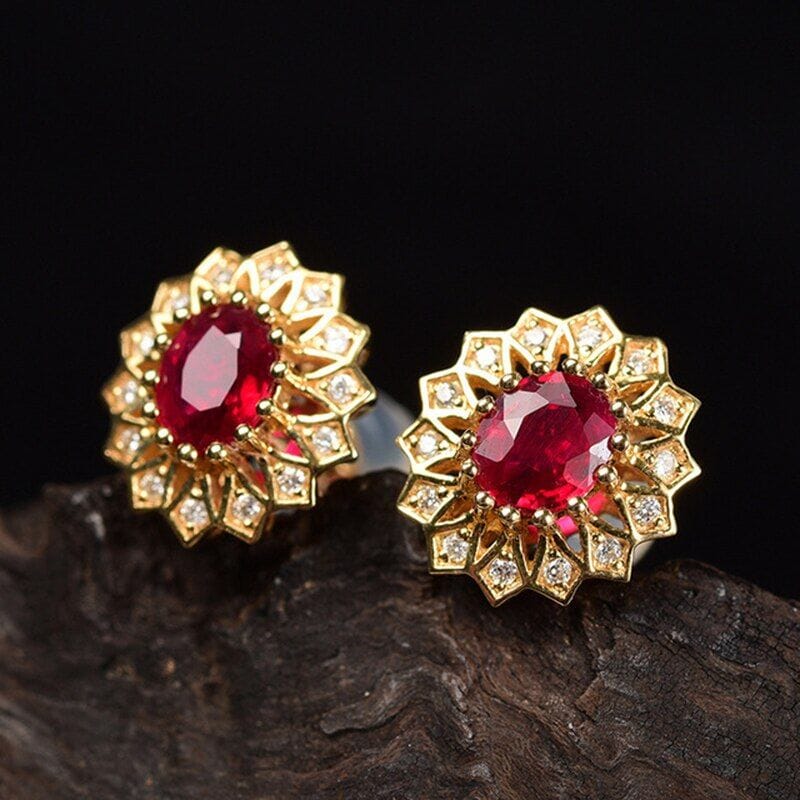 Luxury Ruby Gemstone Flower Stud Earrings - 925 Sterling SilverEarrings