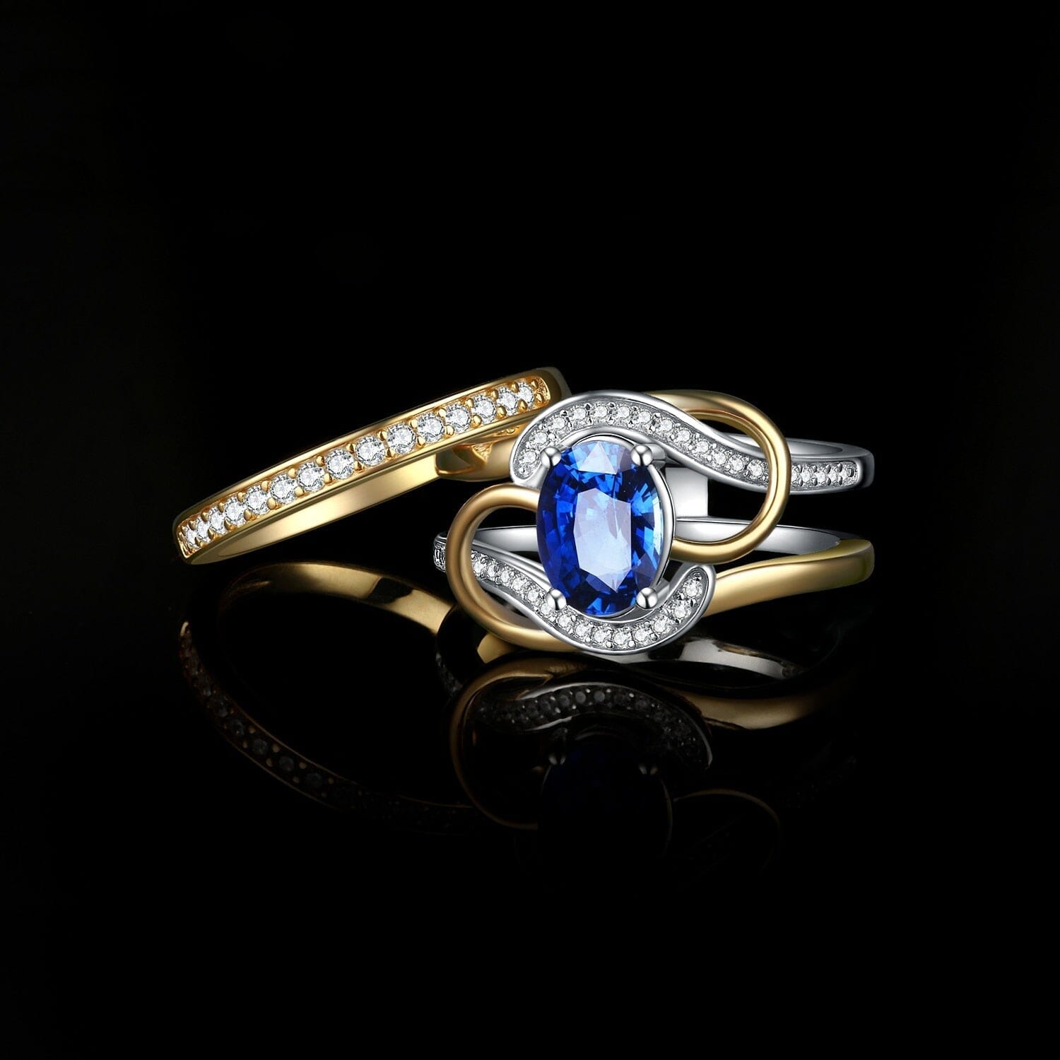 2Pcs Elegante Silver Gold Luxury Sapphire Ring - 925 Sterling SilverRing