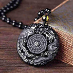 Natural Black Obsidian Hand Carved Chinese Dragon Phoenix BaGua Lucky AmuletNecklace