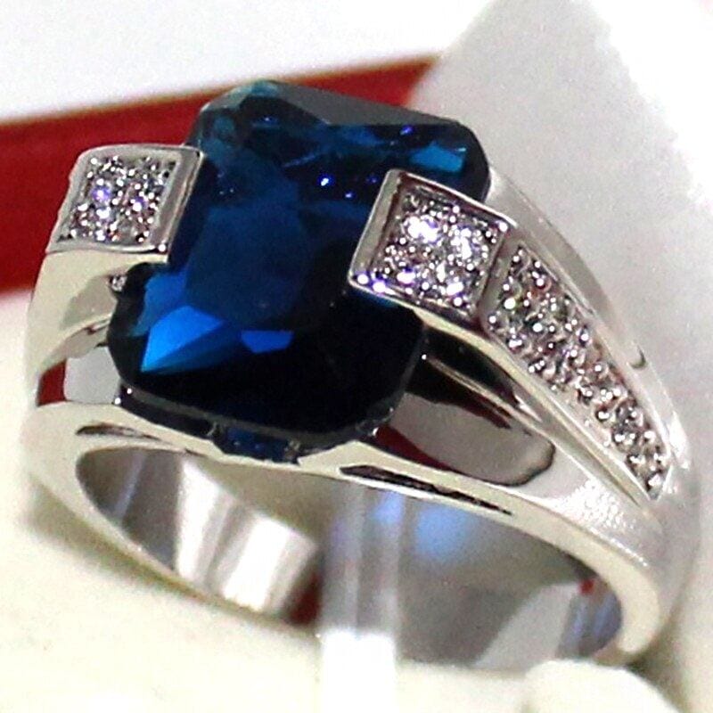 Index Finger Male Blue CZ Sapphire Ring - 925 Sterling SilverRing