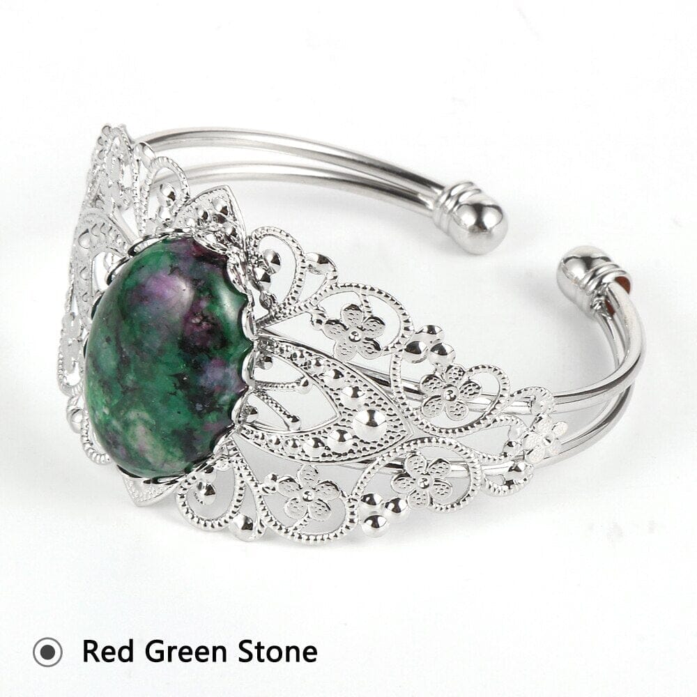 Coffee Onyx Labradorite Oval Gemstone Open BangleBraceletRed Green Stone