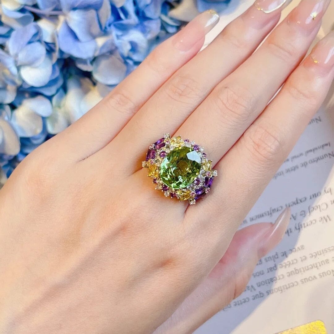 Luxury Temperament Colorful Flower Zircon Peridot Ring - 925 Sterling SilverRing