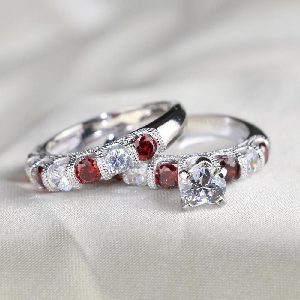 White Gold Heart Garnet Couple RingsRing