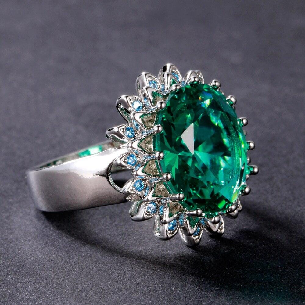 Emerald Aquamarine Flower Ring - 925 Sterling SilverRing