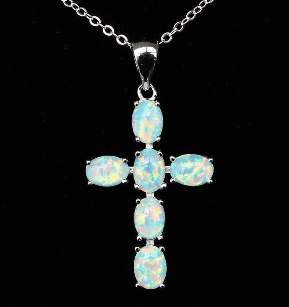 White & Blue Fire Opal Cross PendantNecklaceWhite
