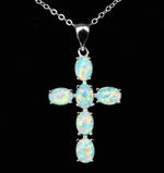 White & Blue Fire Opal Cross PendantNecklaceWhite