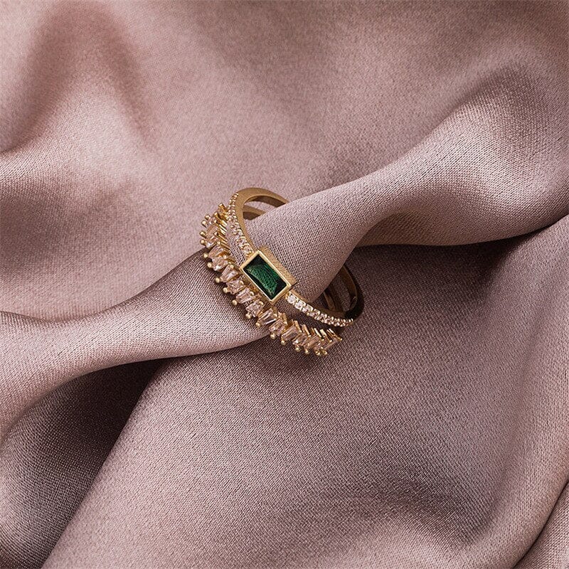 Temperament Green Square Peridot Double Layer Open RingRing