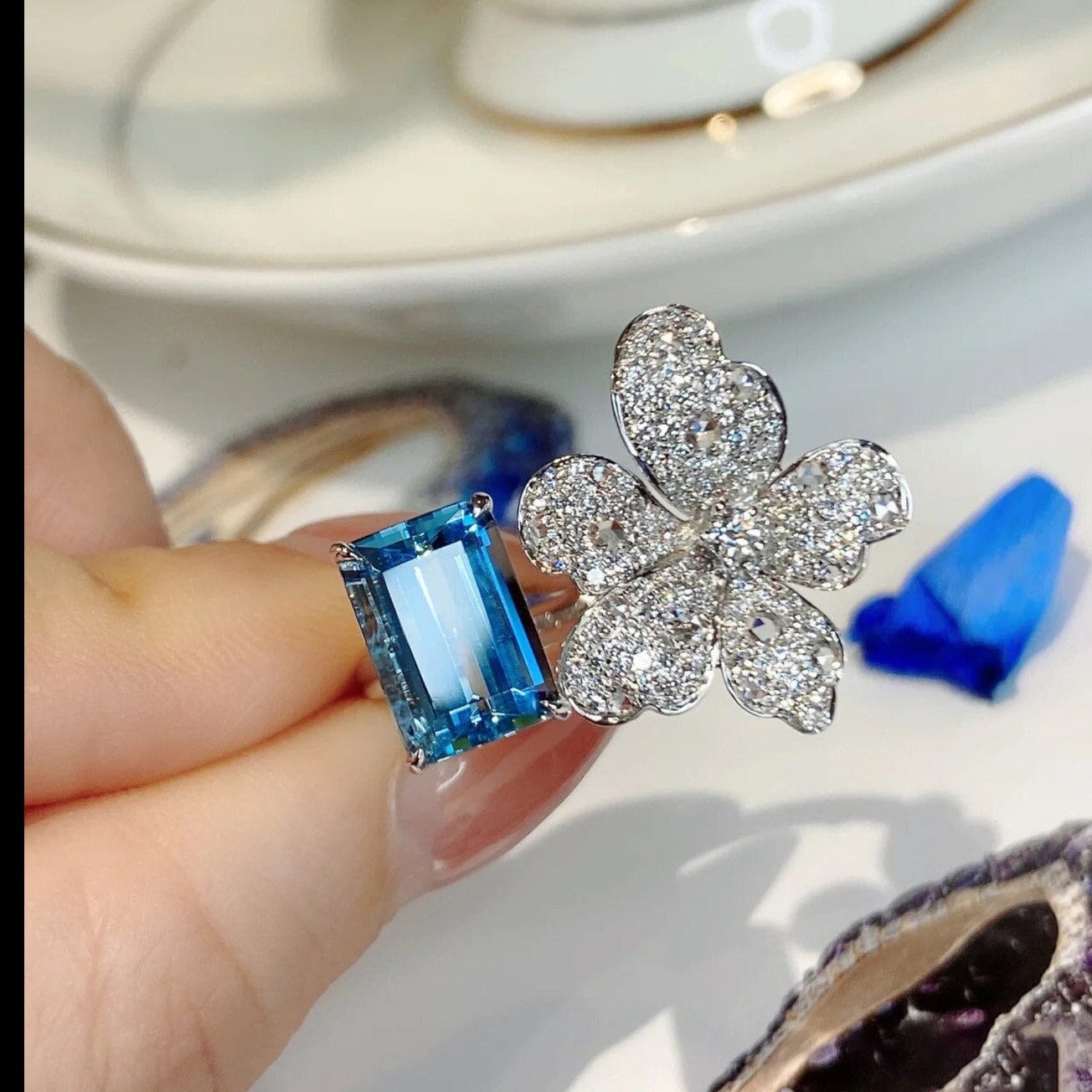 Luxury Floral Dark Blue Sapphire Adjustable RingRing