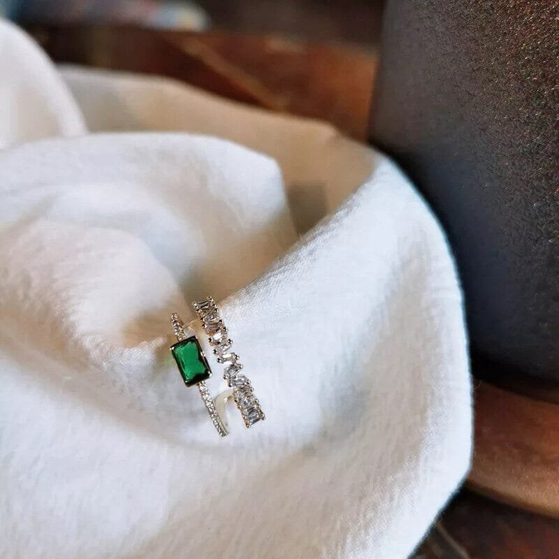 Temperament Green Square Peridot Double Layer Open RingRing