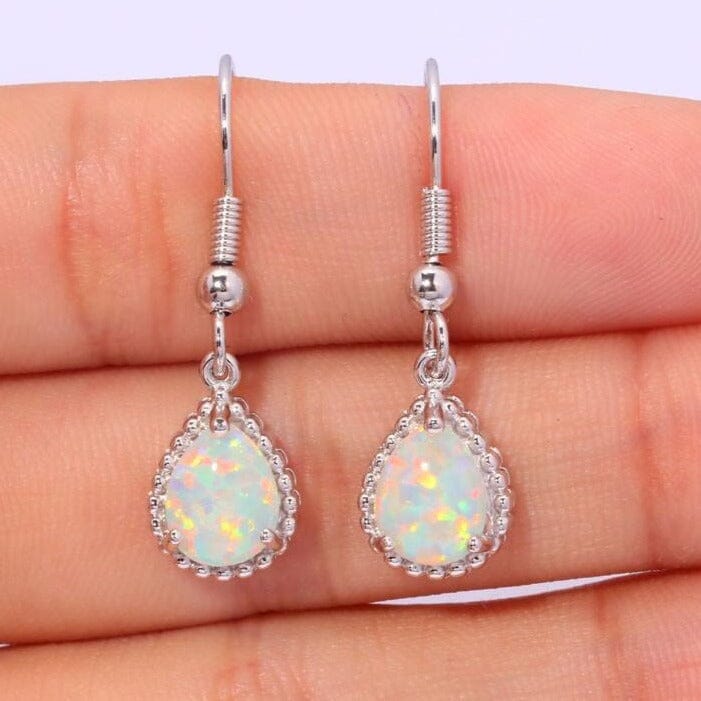 White Fire Opal Silver Drop EarringsEarrings