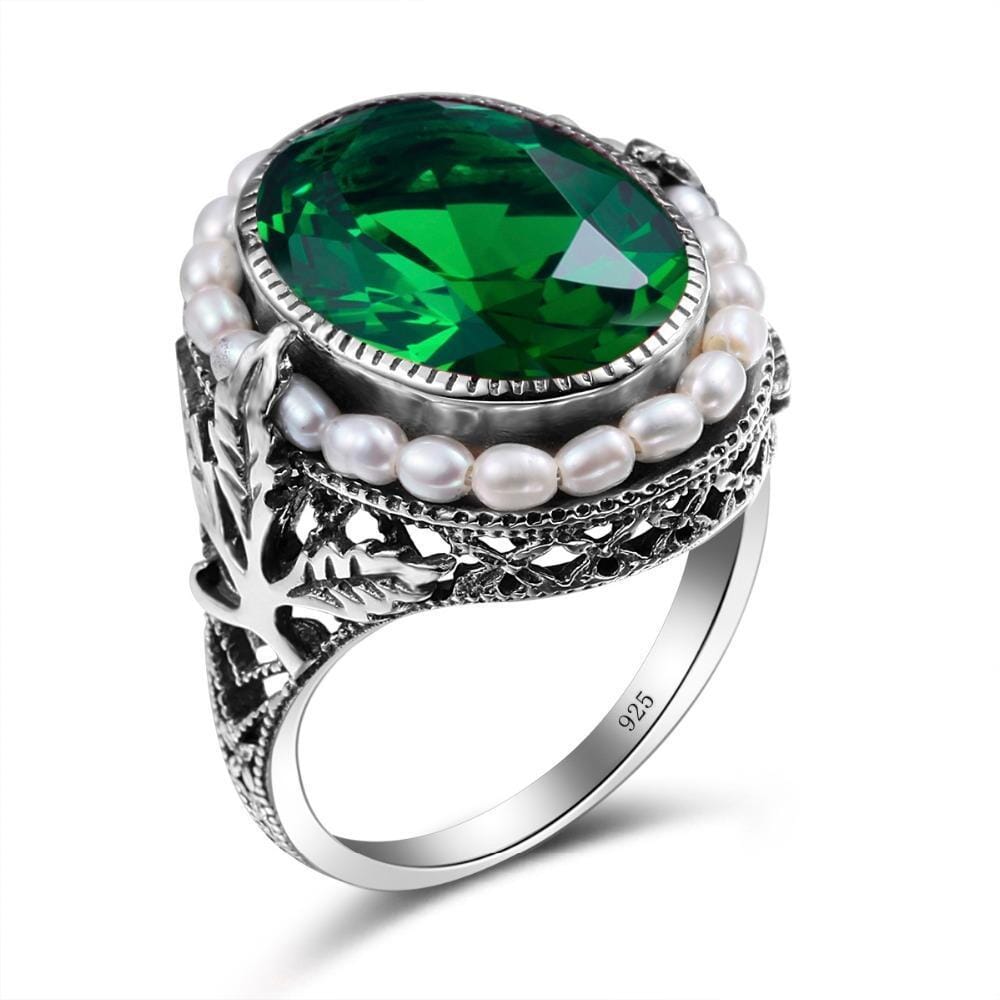 Natural Pearl Vintage Emerald Ring - 925 Sterling Silver