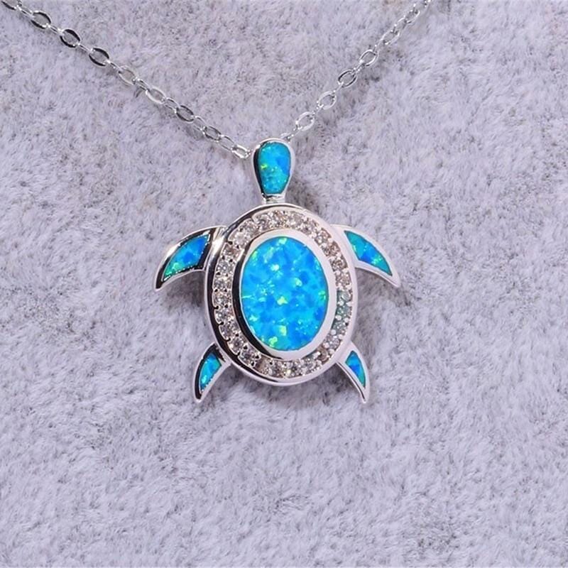 Blue Fire Opal Silver Turtle Pendant NecklaceNecklace