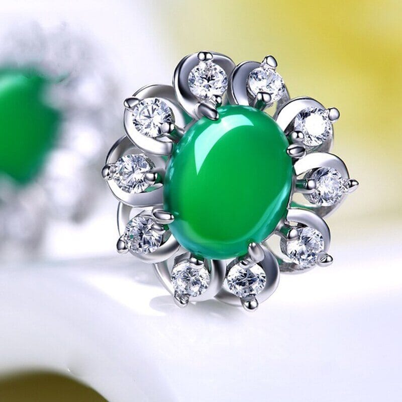 Simple Silver Green Jade Chalcedony Stud EarringsEarrings