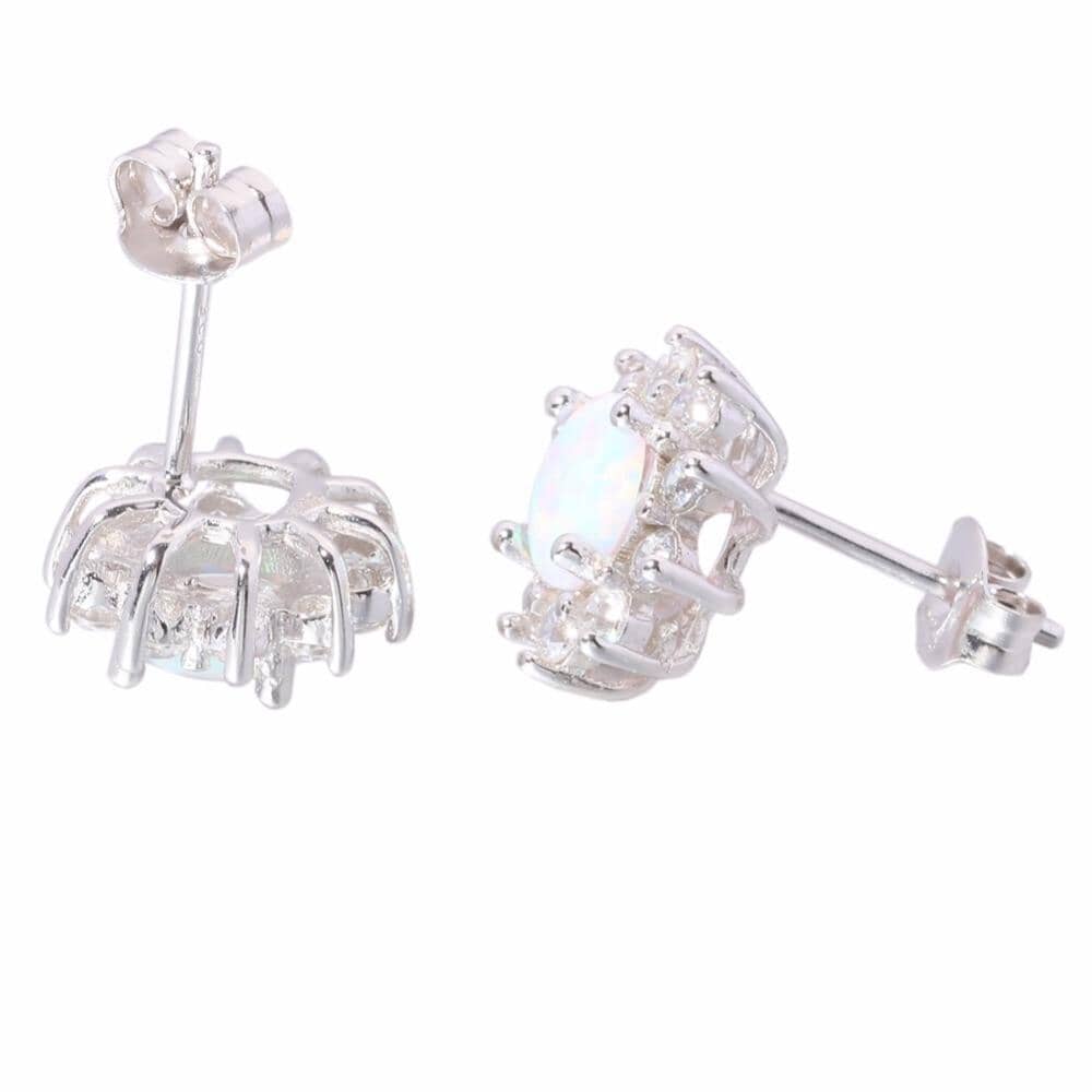 Green & White Round Fire Opal Sunflower Stud Earrings - 925 Sterling SilverEarrings