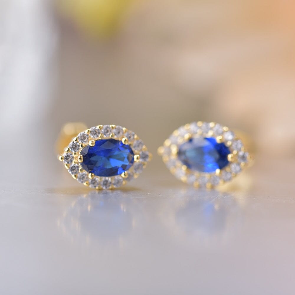 Halo Princess Sapphire Stud Earrings - 925 Sterling SilverEarrings