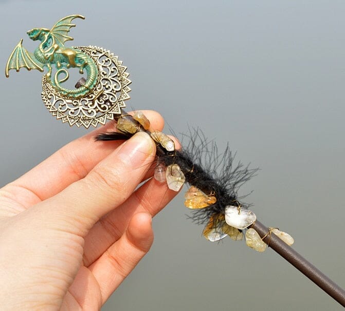 Crystal Wand Natural quartz Moon Viking Dragon Feather WandWandDragon