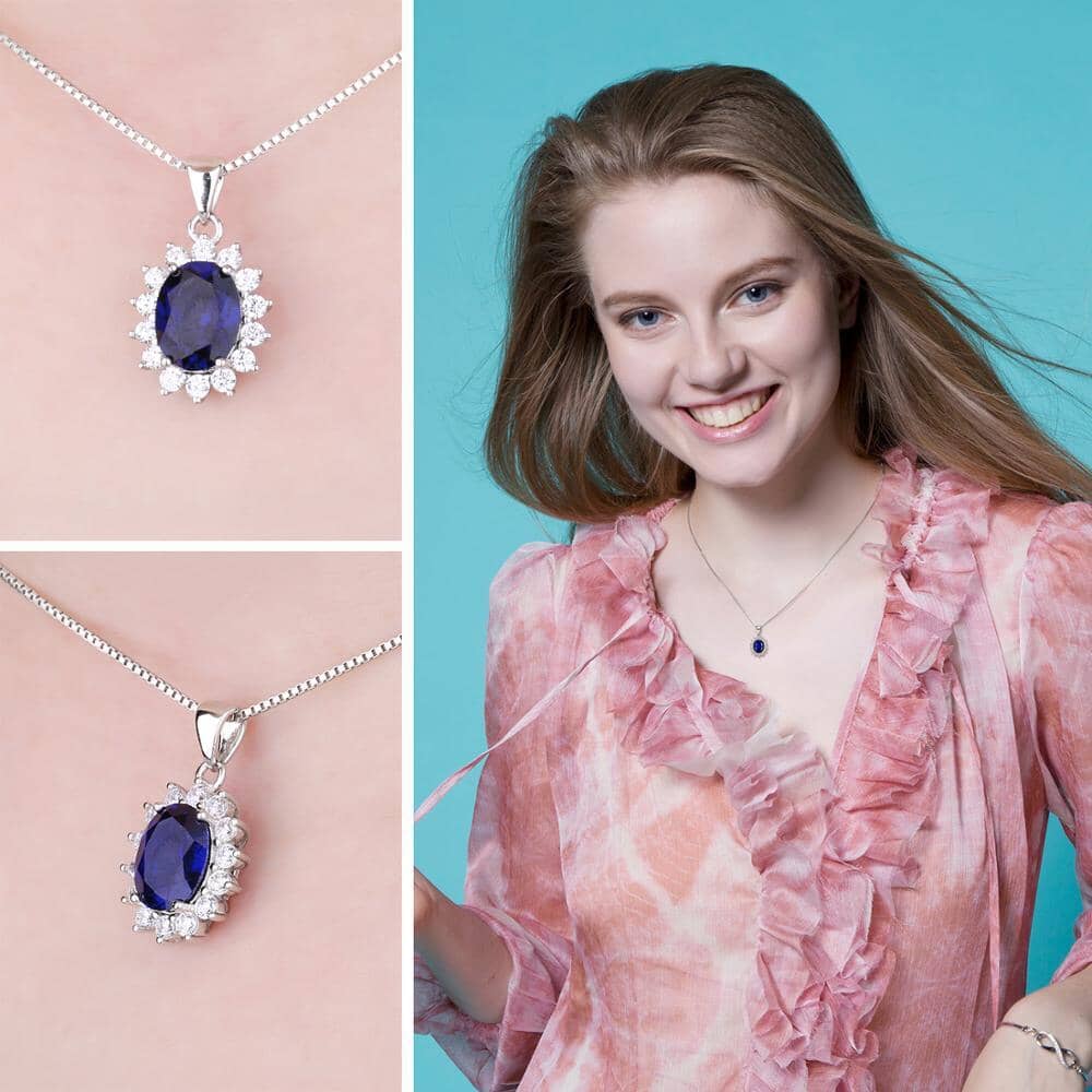 Blue Sapphire Kate Middleton Crown Pendant Necklace - 925 Sterling SilverNecklace