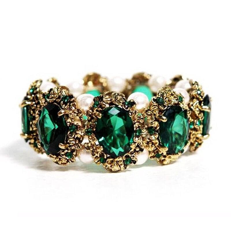 Vintage Style Big Emerald and Sapphire Stone Crystal Bangle BraceletBracelet