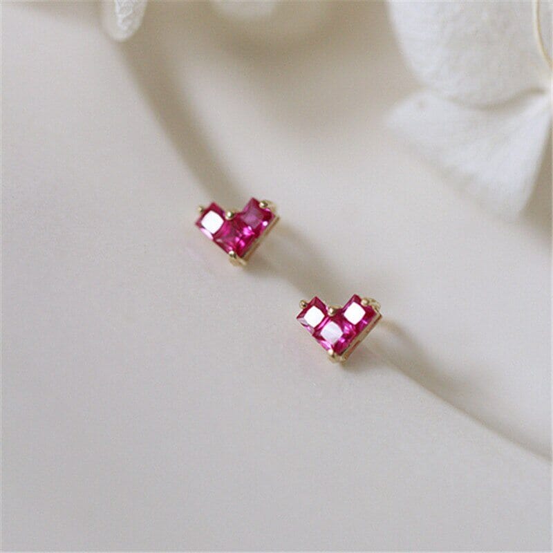 Light Luxury French Heart Ruby Stud Earrings - 925 Sterling SilverEarrings