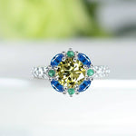 Flower Shaped Citrine and Sapphire Ring - 925 Sterling SilverRing