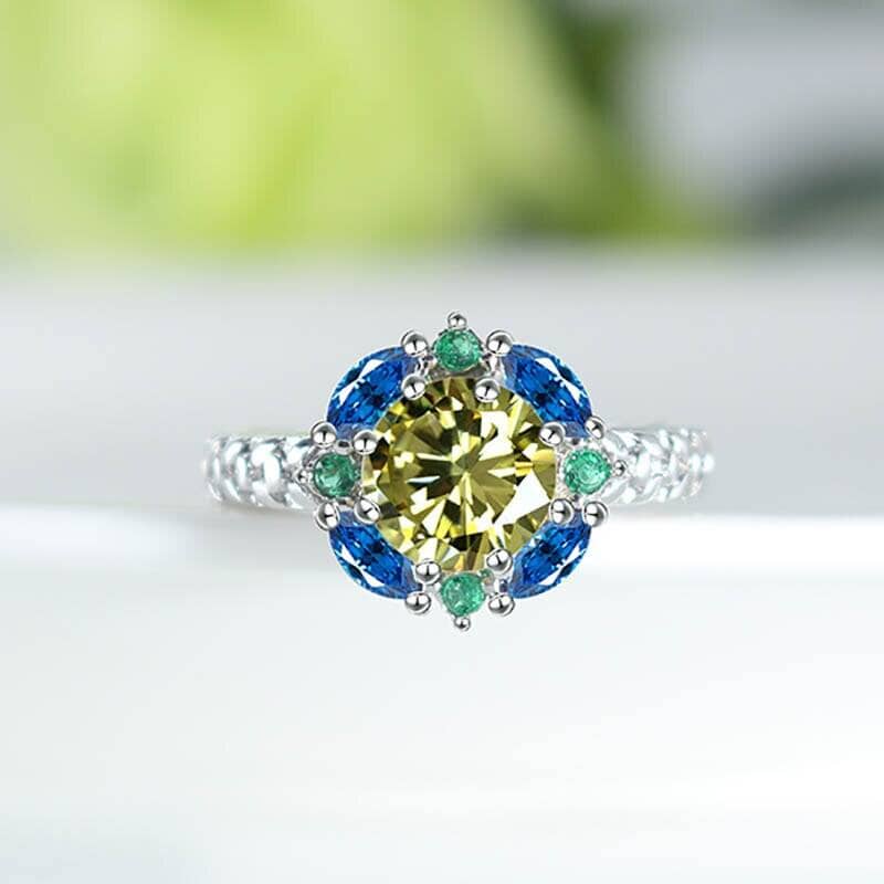 Flower Shaped Citrine and Sapphire Ring - 925 Sterling SilverRing