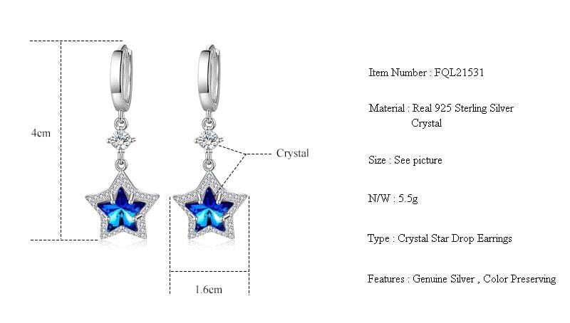 Fashion Blue Sapphire Star Crystal Drop Earrings - 925 Sterling SilverEarrings