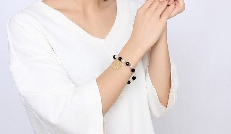 8mm Stainless Steel WWJD Saint Mary's Black Beads BraceletBracelet