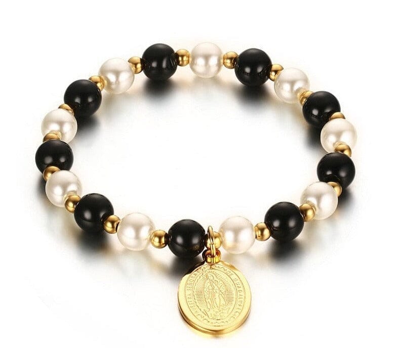 8mm Stainless Steel WWJD Saint Mary's Black Beads BraceletBracelet