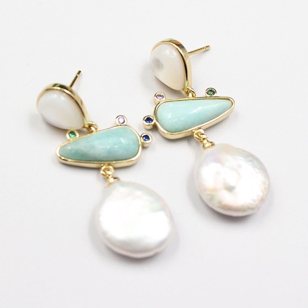 Freshwater White Coin Pearl Aventurine White Shell Dangle Stud EarringsEarrings
