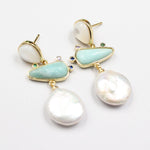 Freshwater White Coin Pearl Aventurine White Shell Dangle Stud EarringsEarrings