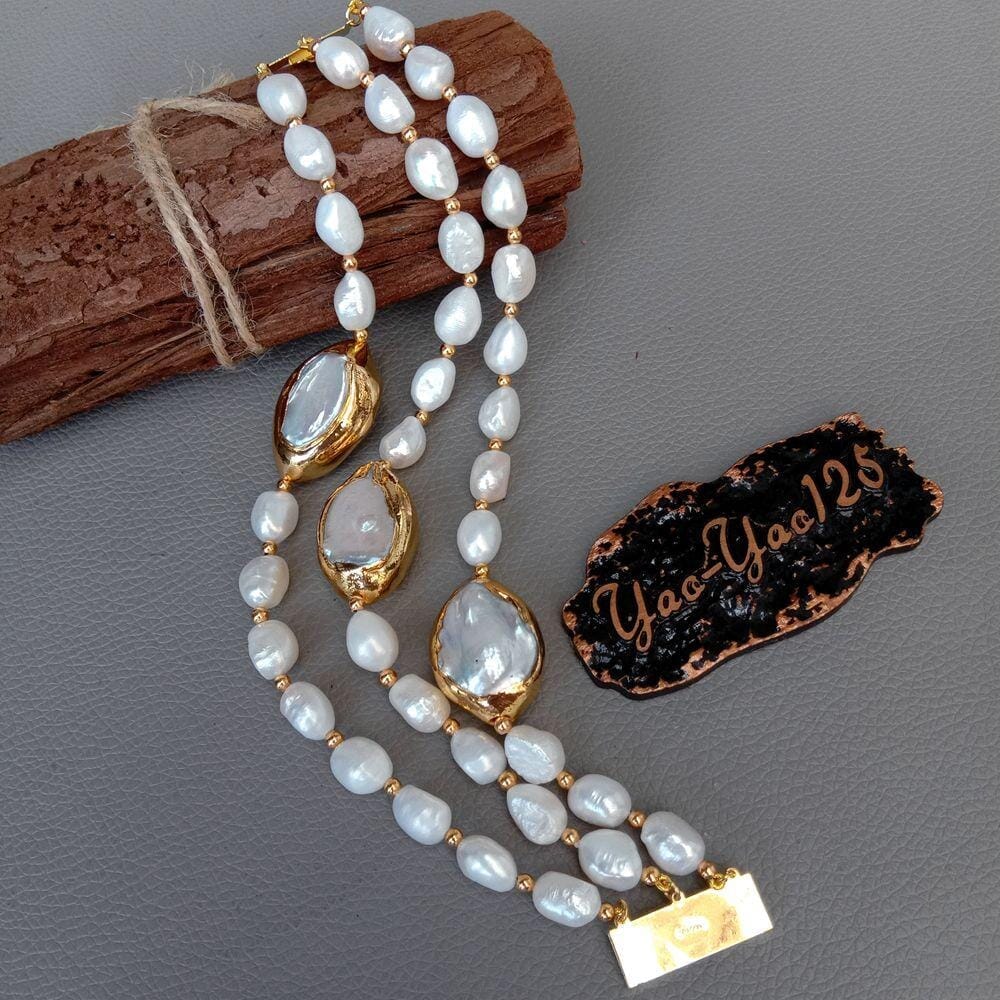 Rows Cultured White Baroque Freshwater Pearl Handmade BraceletBracelet