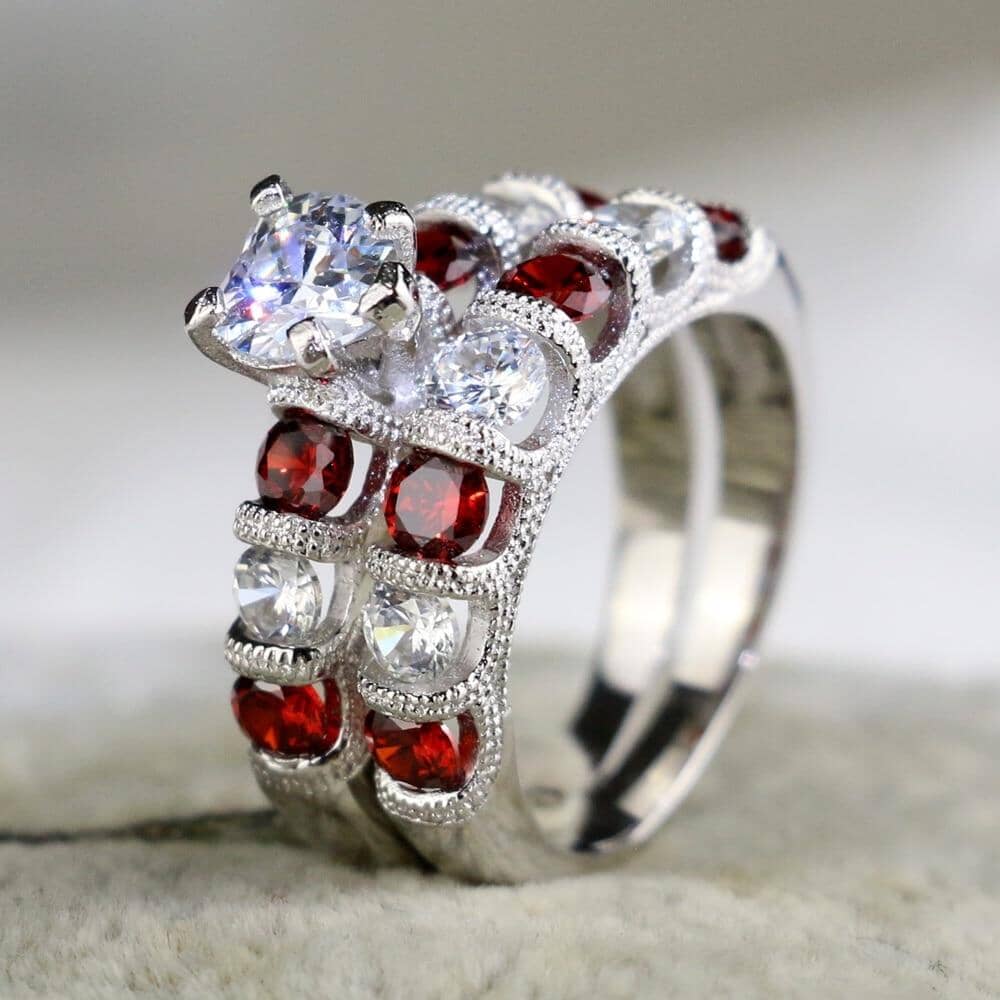 White Gold Heart Garnet Couple RingsRing