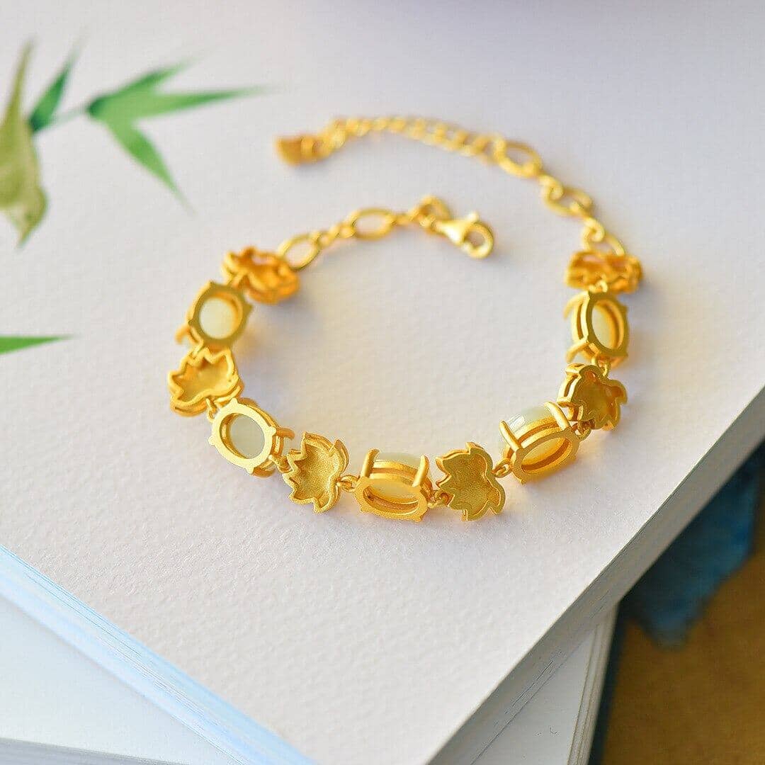 Ancient Gold Hetian Jade Lotus Bracelet - S925Bracelet