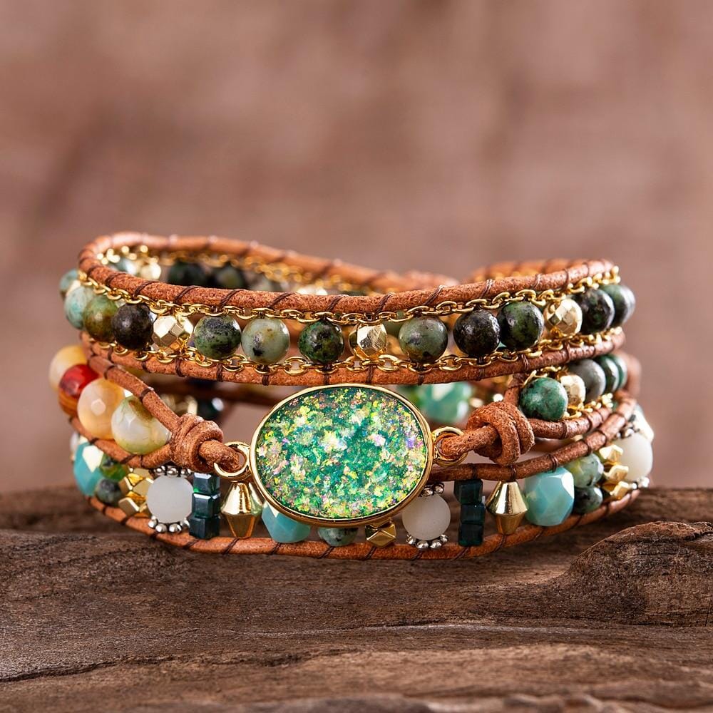 Green Oval Opal Bohemian Wrap Beaded BraceletBracelet