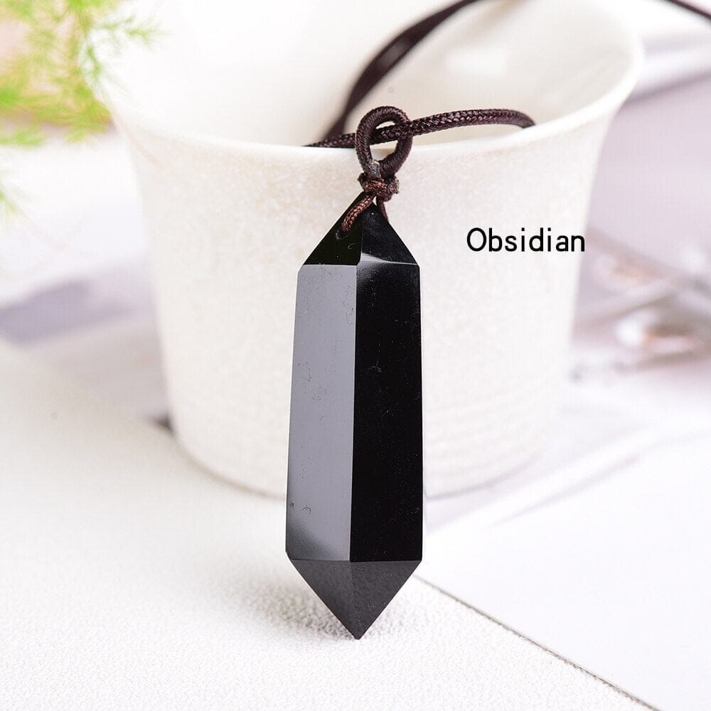 1pc Natural Crystal Quartz Double Point Pendant NecklaceNecklaceobsidian